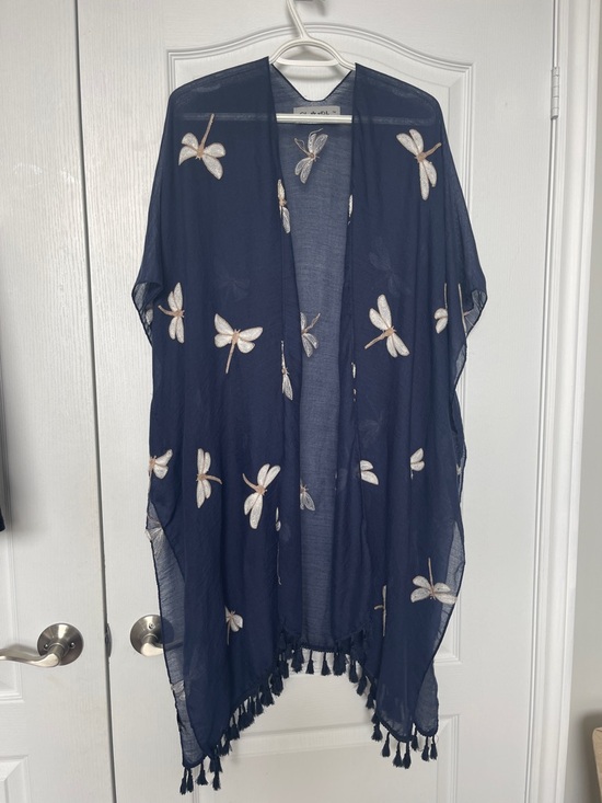 Cherie Bliss Sweaters - CHERIE BLISS Navy Dragonfly Kimono Wrap with Tassel Trim